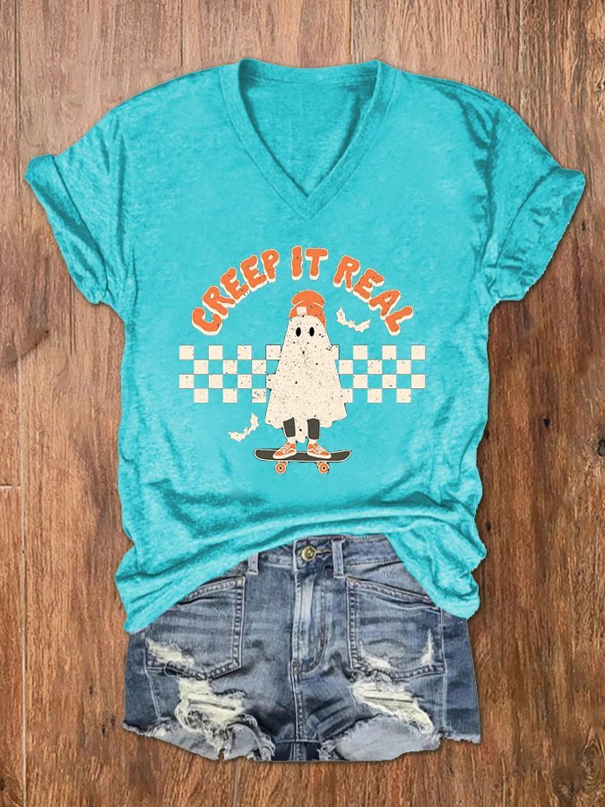 Women's Retro Vintage Ghost Halloween Creep it Real Print V-Neck T-Shirt