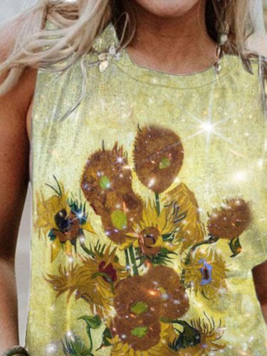 Sunflowers Oil Painting & Space Image Print Tank Top