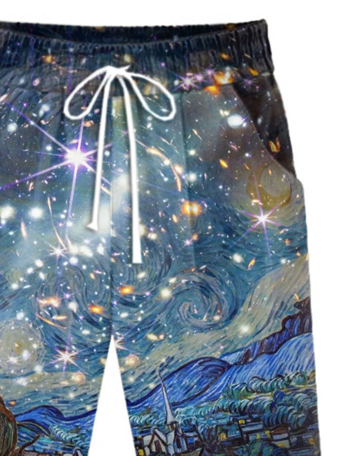 Oil Painting & Space Image Print Lace-Up With Pockets Shorts