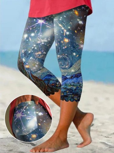 Oil Painting & Space Image Wavy Side With Pocket Print Leggings