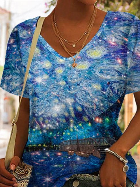 Oil Painting Starry Colorful Short Sleeve T-Shirt