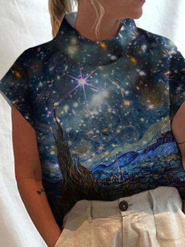 Elegant Vintage Oil Painting & Space Image Print Shirt