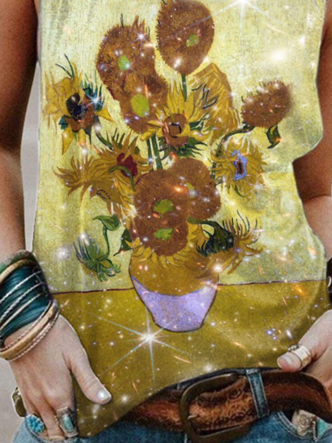 Sunflowers Oil Painting & Space Image Print Tank Top