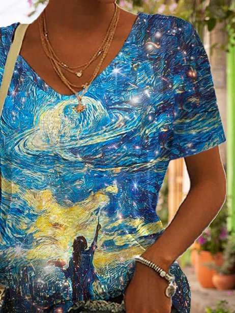Oil Painting Starry Colorful Short Sleeve T-Shirt