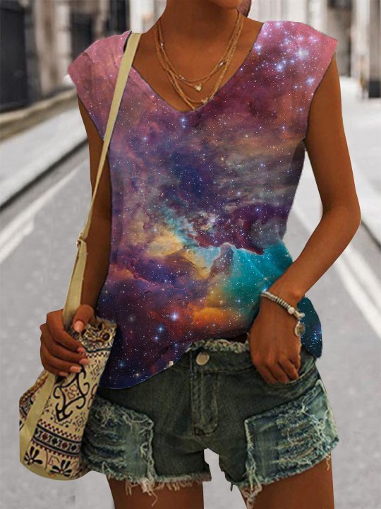 Women's Starry Sky Print Sleeveless T-Shirt