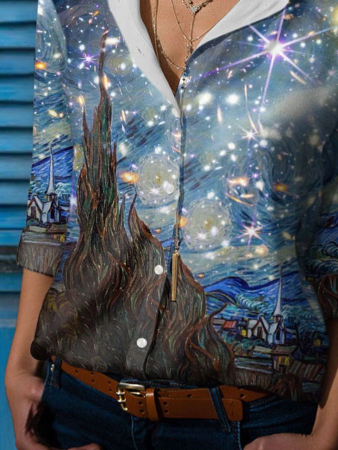 Oil Painting & Space Print Long Sleeve Shirt