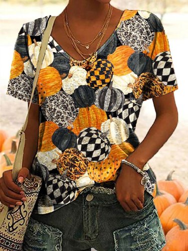 Women's Halloween Autumn Pumpkin Print T-Shirt