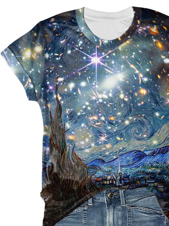 Oil Painting & Space Image Print Casual T-Shirt