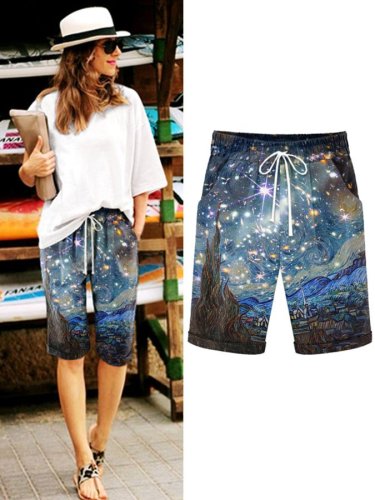 Oil Painting & Space Image Print Lace-Up With Pockets Shorts