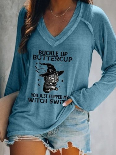 Women's Halloween Buckle Up Buttercup You Just Flipped My Witch Switc Cat Print V-Neck Long Sleeve T-Shirt