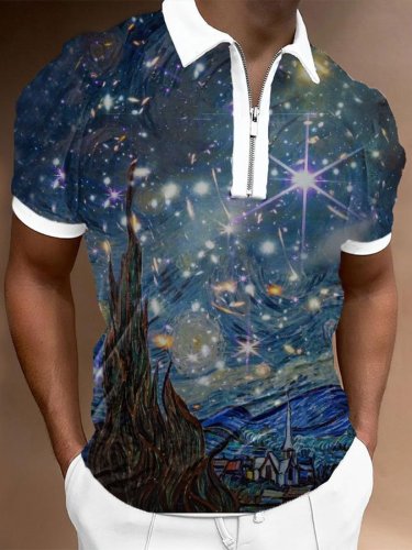 Men's Art Star Casual Zipper Short Sleeve Polo T-shirt