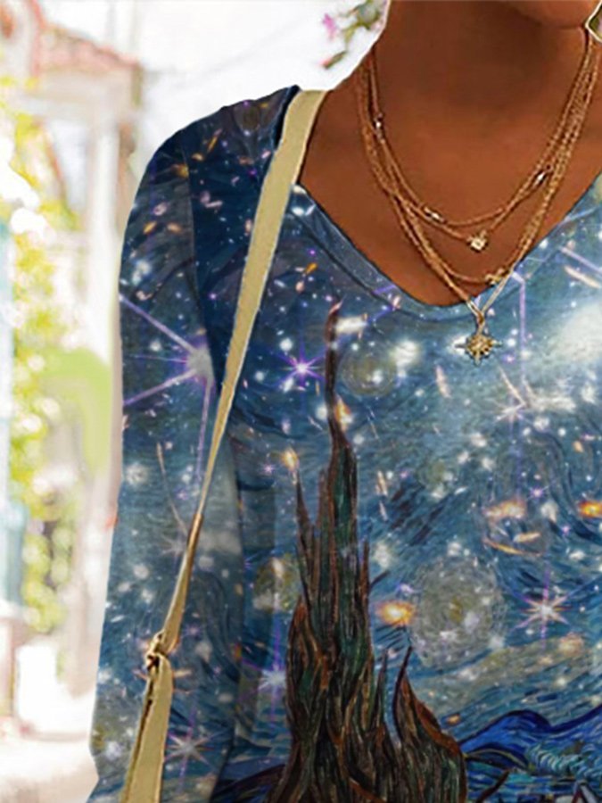 Oil Painting & Space Image Print Long Sleeve T-Shirt