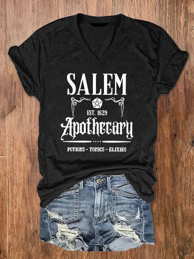 Women's Salem Apothecary Print V-Neck T-Shirt