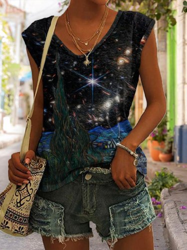Oil Painting & Space Image Print Sleeveless Vest
