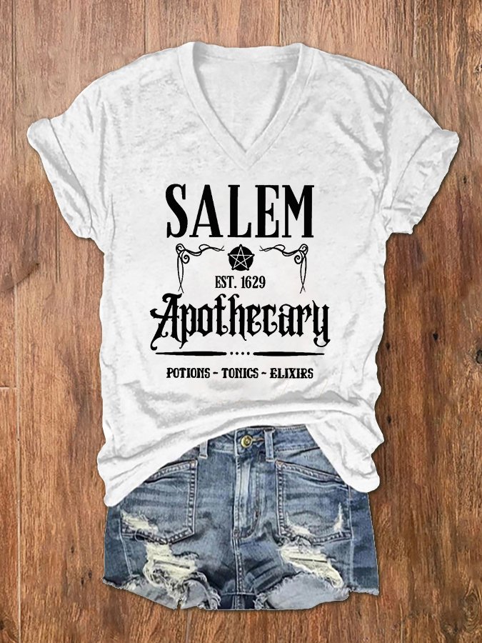 Women's Salem Apothecary Print V-Neck T-Shirt