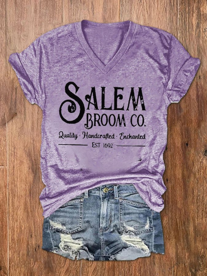 Women's Salem Broom Co Quality Handcrafted Enchanted Est 1692 Print V-Neck T-Shirt