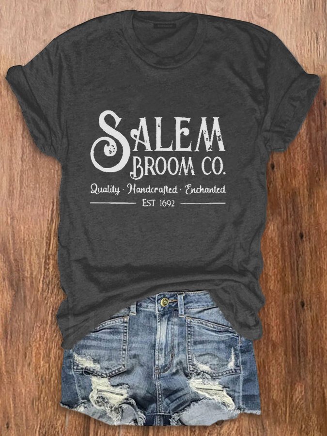 Women's Salem Broom Co Quality Handcrafted Enchanted Est 1692 Print T-Shirt