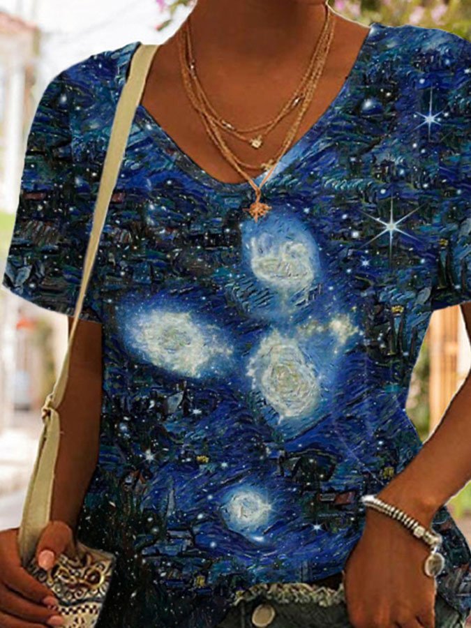 Oil Painting & Space Telescope Print V Neck Casual T-Shirt