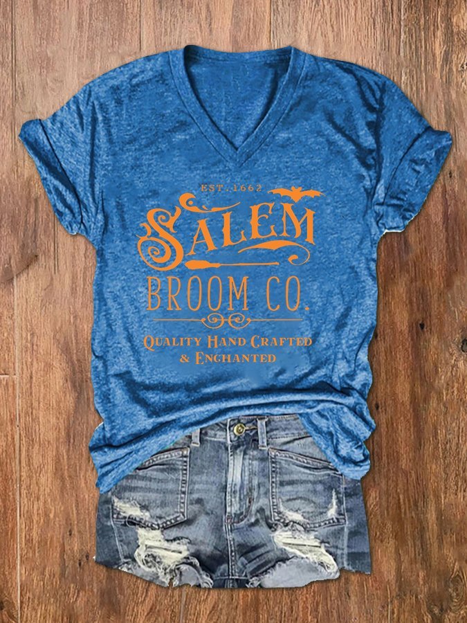 Women's Salem Broom Co Halloween Print V-Neck T-Shirt