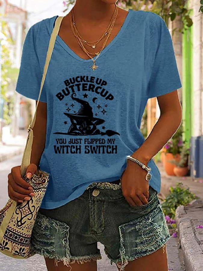 Women's Halloween Buckle Up Buttercup You Just Flipped My Witch Switc Cat Print T-Shirt