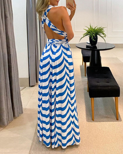 Sweet Striped Halter High Waist Slit Maxi Dress