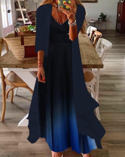 Women's Autumn Navy Blue Gradient Elegant Regular V-Neck Two Piece Dress