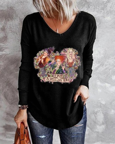 Halloween Witch V-Neck Print Party Long Sleeve Top