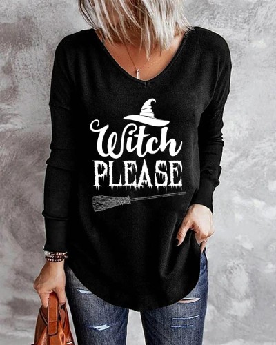 Halloween Witch V-Neck Print Party Long Sleeve Top