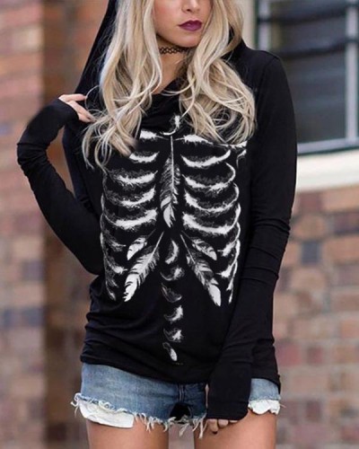 Womens Black Feather Skull Top Skeleton Halloween Loose Fit Muscle Hoodie