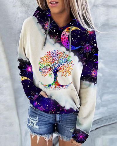 Sun and Moon Print Hoodie Long Sleeve Sweatshirt