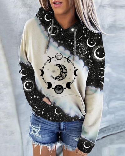 Sun and Moon Print Hoodie Long Sleeve Sweatshirt