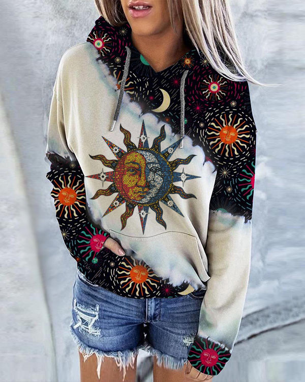 Sun and Moon Print Hoodie Long Sleeve Sweatshirt