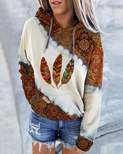 Women's Vintage Check Feather Print Hoodie Long Sleeve Sweatshirt