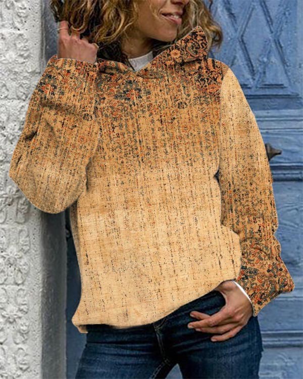 Vintage Ethnic Print Long Sleeve Hooded Sweatshirt