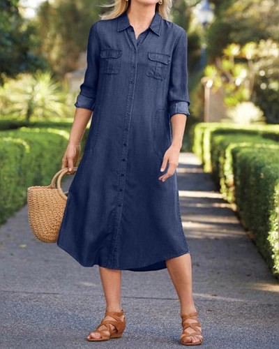 Denim Multi-pocket Solid Color Plus Size Dress