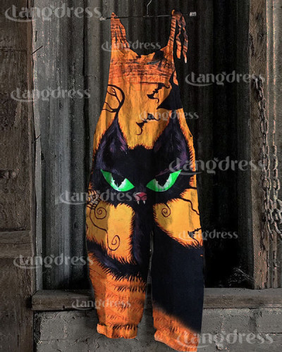 Halloween Black Cat Print Jumpsuit