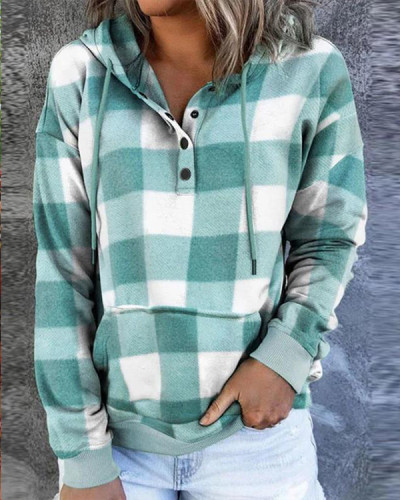 vintage Check  Print Hoodie Long Sleeve Sweatshirt