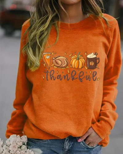 Women's Thankful Pumpkin Pie Thanksgiving Bible Turkey Leaves Fall Autumn Printed Casual Sweatshirt