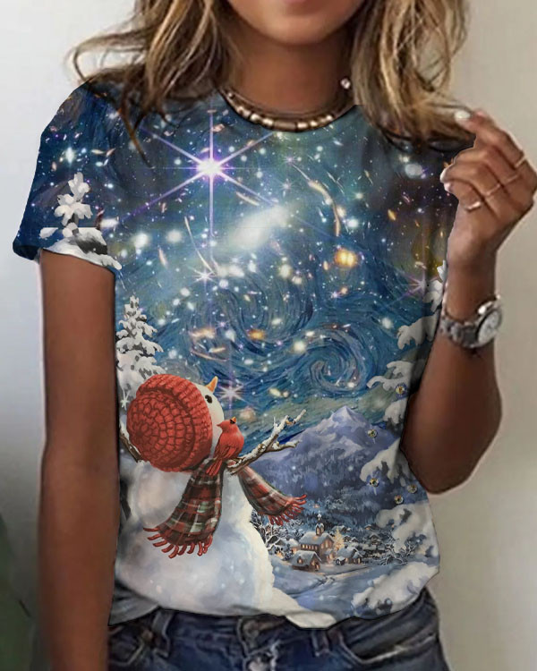Christmas Snowman and Starry Sky Meet Print Casual T-Shirt