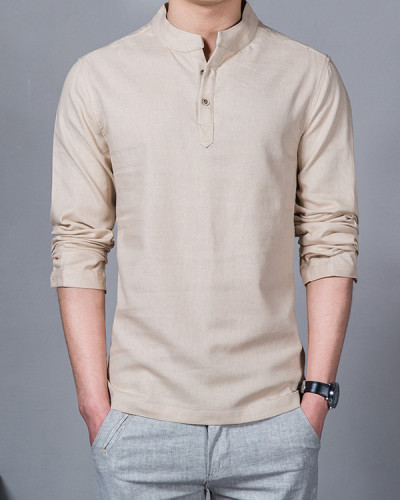 Solid Color Long Sleeve Plus Size Men's Cotton Linen Shirt Top