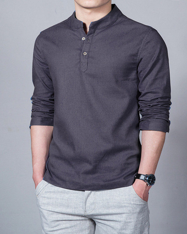 Solid Color Long Sleeve Plus Size Men's Cotton Linen Shirt Top