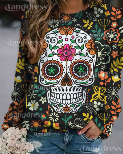 Skull Floral Print Loose Sweatshirt