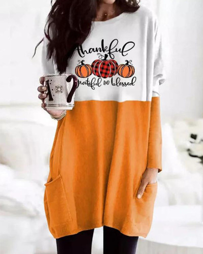 Fashion Colorblock Pocket Print Long Sleeve Top