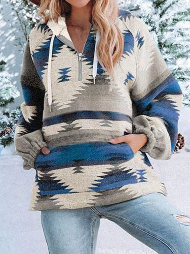 Women's Vintage Western Ethnic Print Zip Pocket Fleece Sweater