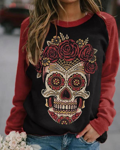 Skull Floral Print  Long Sleeve Sweatshirt