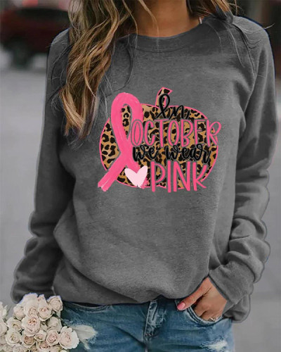 Women In October We Wear Pink Thanksgiving Heart Leopard Pumpkin Witch Print Sweatshirt