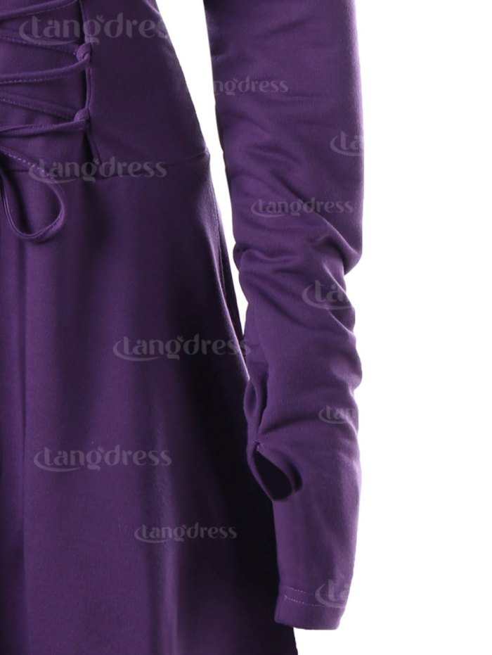 Halloween Solid Long Sleeve Hooded Lace-Up Dress