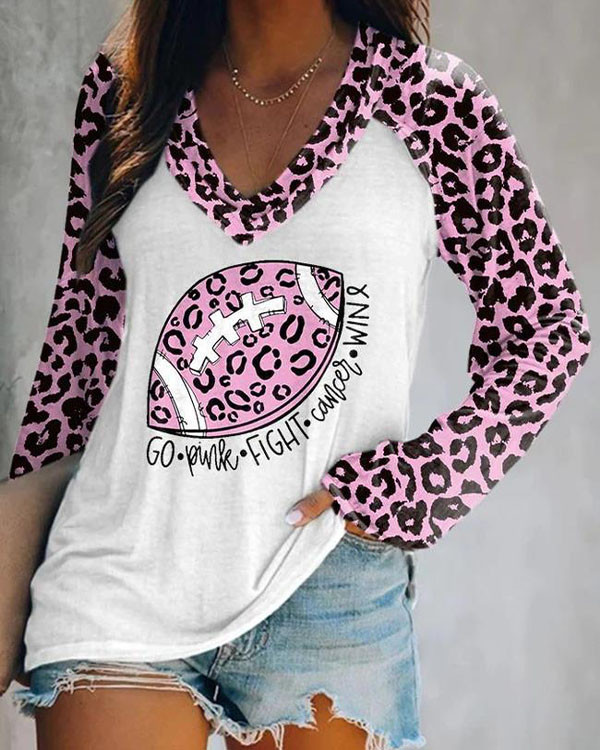 Women Leopard Football Breast Cancer Go Pink Fight Cancer Win Print Long Sleeve T-Shirt