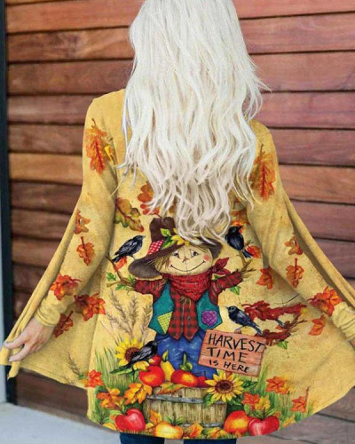 Fall Country Scarecrow Pumpkins Crows Fallen Leaves Print Cardigan