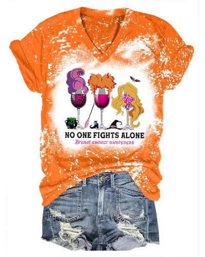 No One Fights Alone Breast Cancer Print Casual T-Shirt